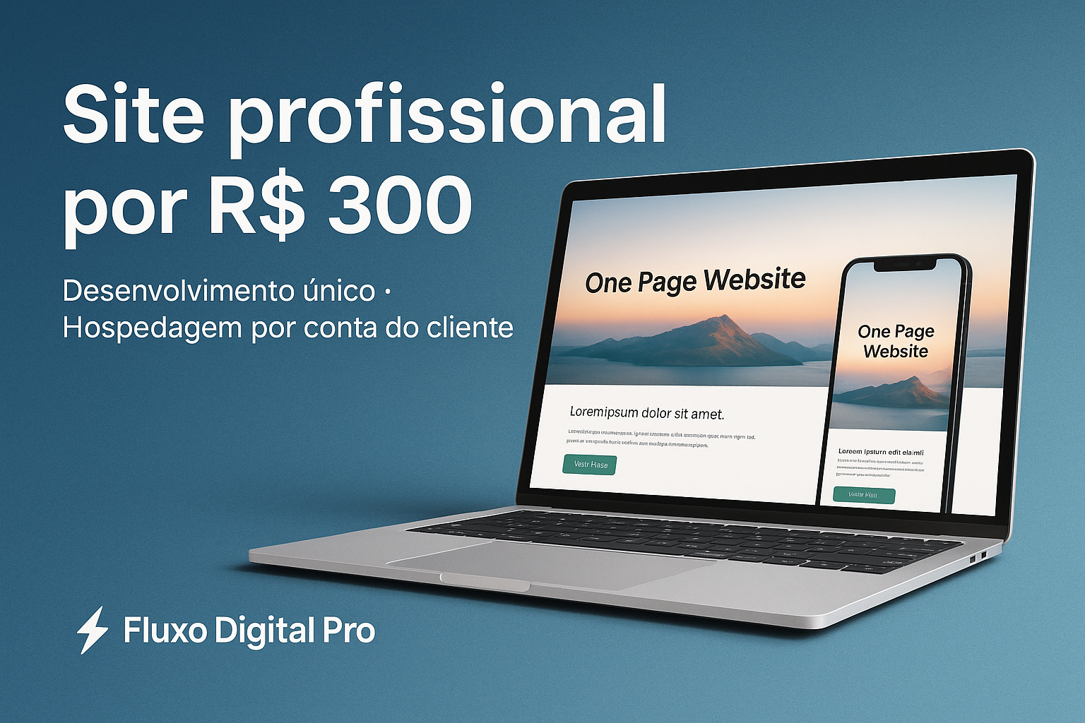 Mockup de site em notebook e celular com texto site profissional por 300 reais.